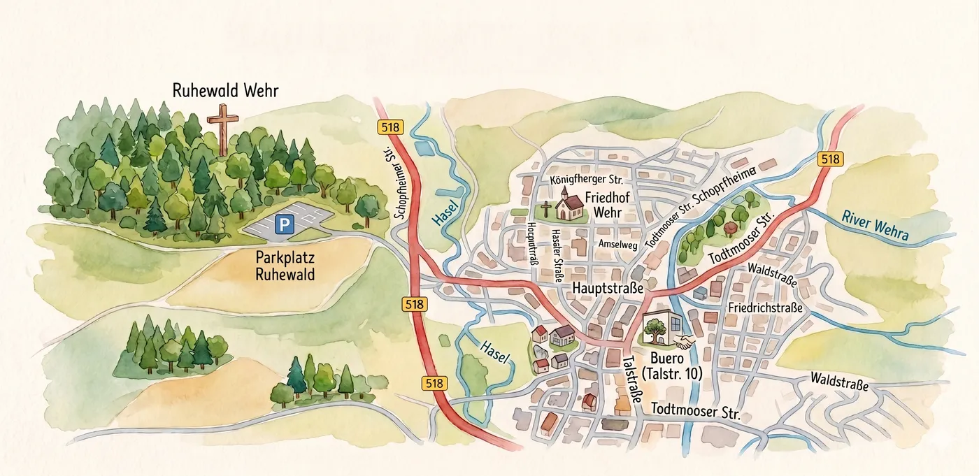 Handgezeichnete Skizze im klassischen Stil mit Büro, Friedhof und Ruhewald